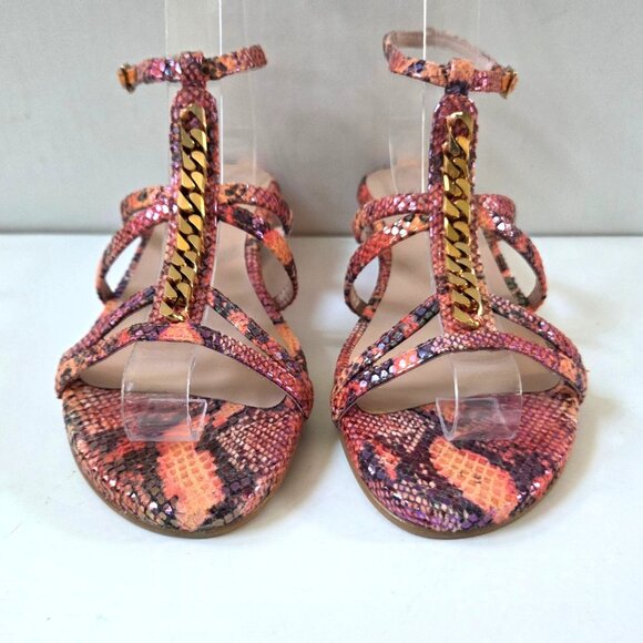 Stuart Weitzman Sandals 7 Pink Melon Tiffy Chain Trim Strappy Leather Wedge NEW - Picture 7 of 12